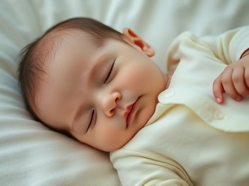 아기가 부드러운 오가닉 코튼 소재의 우주복을 입고 평화롭게 잠든 모습