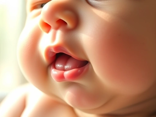 근접 촬영된 아기의 입술과 혀가 움직이며 '바바바' 같은 소리를 내는 모습