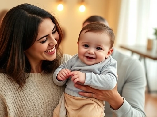 부모가 아기를 안고 밝게 미소 지으며 아기가 작은 미소를 짓는 순간을 포착한 장면
