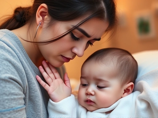 아기 엄마가 걱정스러운 표정으로 열이 나는 아기의 이마에 손을 대고 있는 모습