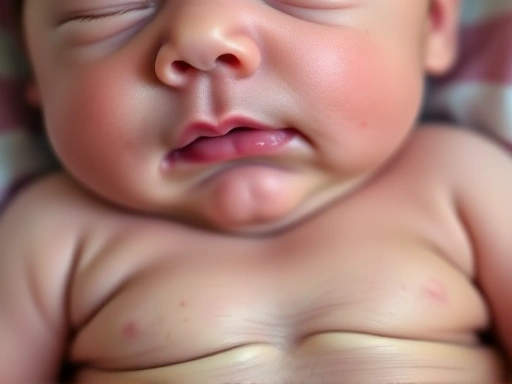 호흡 곤란을 겪는 아기의 콧구멍이 벌렁거리고 흉곽 함몰이 보이는 클로즈업 사진.