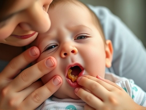 아기가 음식에 기도가 막혀 기침을 하고 있고, 옆에 있는 부모가 침착하게 영아 하임리히법을 수행하는 클로즈업 장면