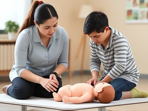 아기에게 심폐소생술(CPR)을 가르치는 전문 강사와 이를 배우는 부모들이 실습용 인형을 사용하여 집중적으로 훈련하는 역동적인 장면