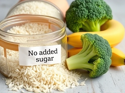 아기 이유식 재료인 신선한 쌀, 브로콜리, 바나나 등이 테이블 위에 놓여있고, 그 옆에 