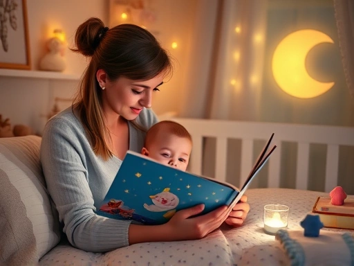 부드러운 조명이 비추는 아늑한 아기 방에서, 엄마가 아기에게 그림책을 읽어주는 평화로운 잠자리 의식 풍경.