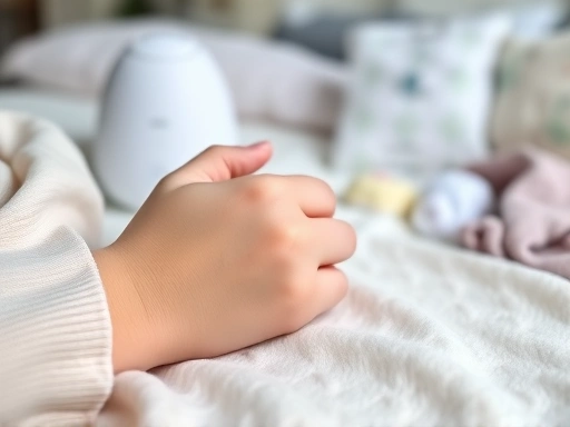 아기 손이 엄마 손을 잡고 있는 클로즈업 사진.