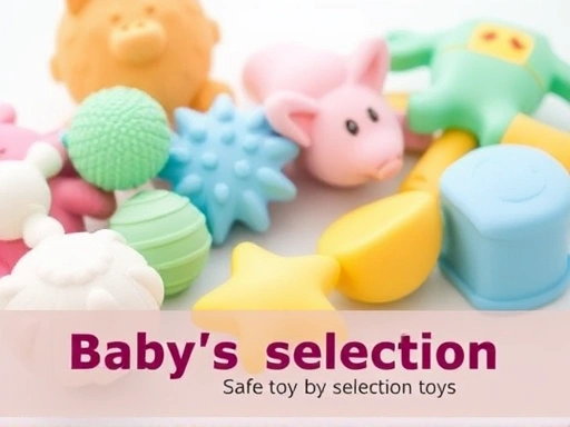 여러 종류의 아기 장난감이 클로즈업되어 있고, 다양한 질감과 색상이 강조된 모습