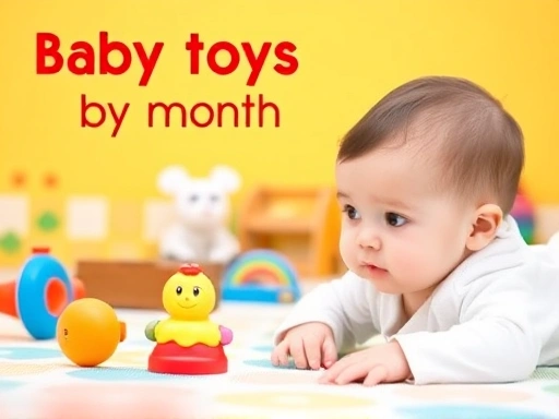 아기의 월령별 발달 단계를 나타내는 다양한 장난감들이 놓여 있는 밝은 배경의 놀이 매트, 아기가 호기심 어린 눈으로 장난감을 바라보는 모습