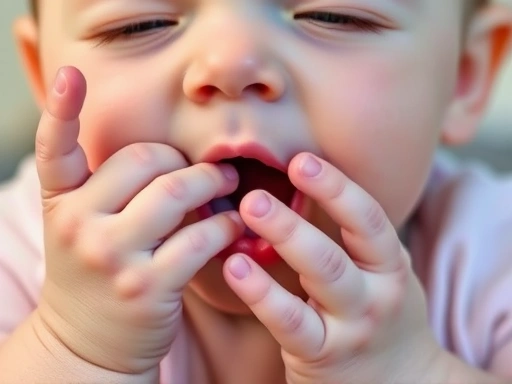 아기가 손가락을 꼼지락거리며 입을 오물거리는 모습