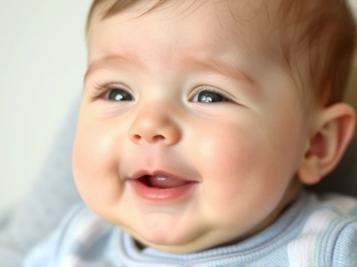 아기의 건강한 얼굴, 특히 눈꺼풀 안쪽이나 잇몸이 창백해 보이는 것을 부모가 주의 깊게 관찰하는 모습