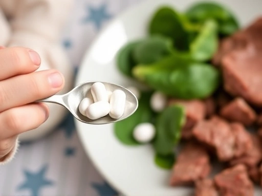 철분 보충제를 섭취하는 아기의 스푼 클로즈업 또는 철분이 풍부한 이유식 재료(소고기, 시금치)가 접시에 놓여 있는 모습