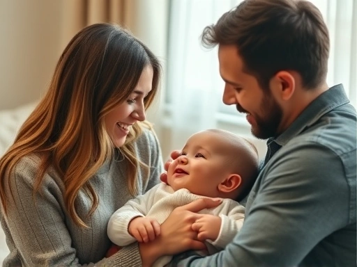 부모가 아기와 눈을 마주치고 다정하게 대화하는 따뜻한 장면