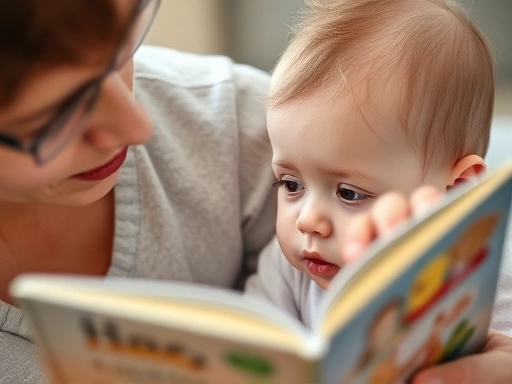 아기가 그림책을 집중해서 보고 있고, 엄마 또는 아빠가 단어를 또렷하게 발음하며 읽어주는 클로즈업 장면
