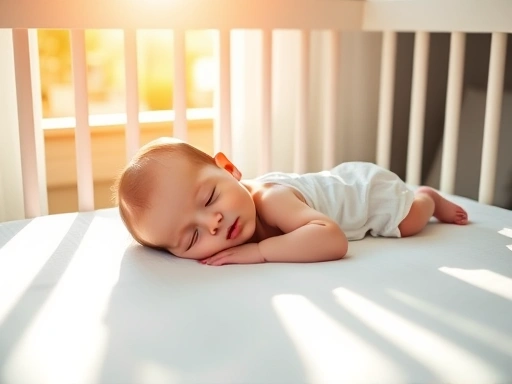 따뜻한 햇살이 비치는 아기 침대 안에 놓인 단단하고 깨끗한 매트리스 위에서 아기가 평화롭게 잠들어 있는 모습