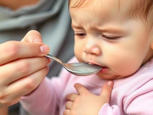 아기가 경구수액 (ORS)을 숟가락으로 소량씩 먹는 모습