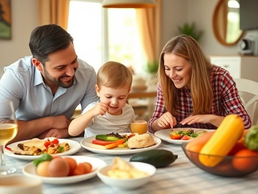 A warm, inviting family dinner scene with parents smiling at a toddler playfully exploring food on their plate, a variety of colorful healthy foods are visible, focusing on creating a positive mealtim...
