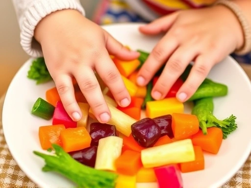 Close-up of a toddler's hands playfully touching colorful vegetables on a plate, with a parent's hand gently guiding, illustrating the importance of food exploration and sensory engagement to overcome...