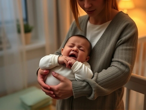 저녁 시간대에 울음을 터뜨리는 아기를 안고 있는 지친 부모의 모습