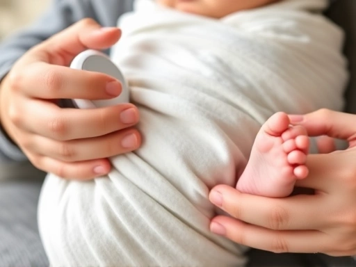 아기를 스와들링한 후 품에 안고 부드럽게 흔들어주는 부모의 클로즈업 손, 아기 귓가에 백색 소음 스피커를 놓아주는 모습