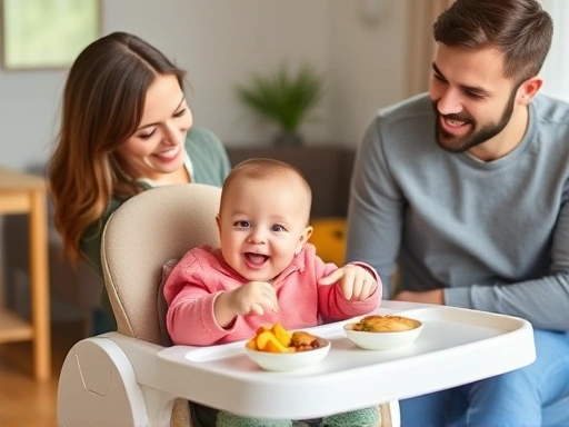 6개월 전후의 아기가 견고한 하이체어에 앉아 이유식을 먹으며 활짝 웃는 모습