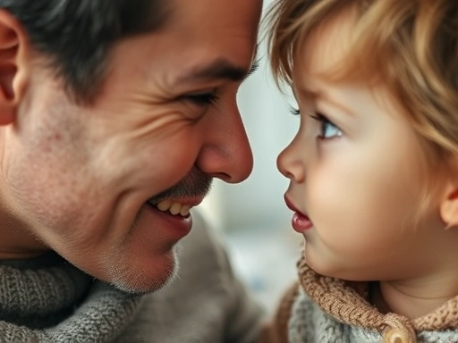육아 마음가짐을 통해 아이와 눈을 맞추고 따뜻한 소통을 하는 부모의 클로즈업, 부드러운 빛과 평화로운 분위기