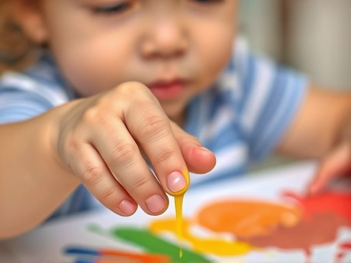 어린이가 물감으로 손가락 그림을 그리며 즐거워하는 클로즈업 장면