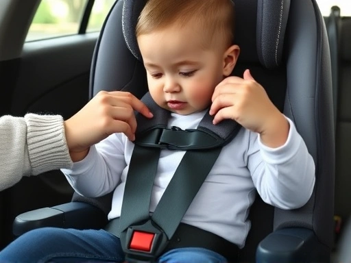 어린 아이를 태운 후 카시트의 하네스(Harness)와 가슴 클립을 조정하는 부모의 손이 클로즈업된 장면