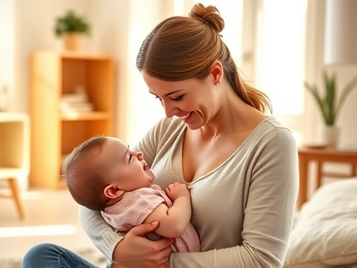 따뜻한 햇살이 비치는 거실에서 엄마가 아기를 품에 안고 모유수유하는 장면