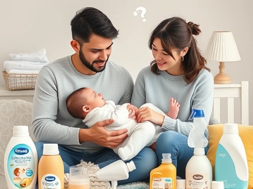 아기를 안은 부모가 다양한 육아용품에 둘러싸여 고민하는 모습