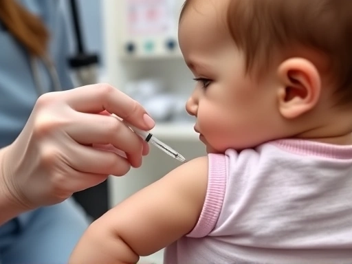 소아과에서 간호사가 아기에게 독감 예방 접종을 해주는 클로즈업 장면