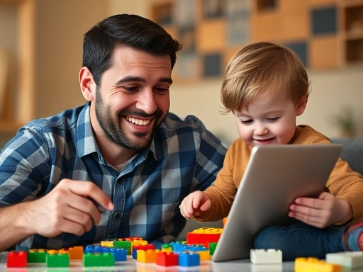 워킹대디가 아이와 함께 웃으며 레고 블록을 쌓는 동안 옆에는 업무 태블릿이 놓여 있는 클로즈업 장면