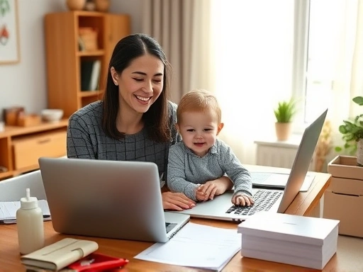 분주한 워킹맘이 아이와 함께 노트북 앞에서 미소 지으며 일하는 모습