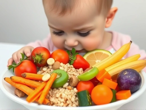 다채로운 색깔의 채소와 과일, 곡물, 단백질 식품이 균형 있게 담긴 유아 식판을 중심으로, 아이가 호기심을 갖고 음식을 바라보는 장면