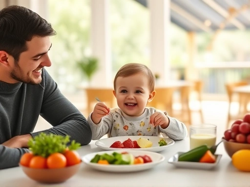 아이와 부모가 함께 식탁에 앉아 웃으며 식사하는 모습