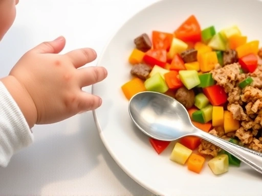 작은 아기 손이 부드러운 유아식 밥을 만지려 하는 클로즈업 사진, 다양한 색깔의 잘게 다져진 채소와 고기가 담긴 식기 옆에 아기용 수저가 놓여 있는 모습