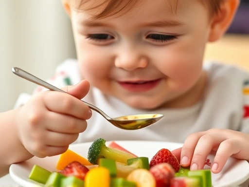 작은 손으로 숟가락을 잡고 스스로 음식을 먹으려 노력하는 유아의 클로즈업.