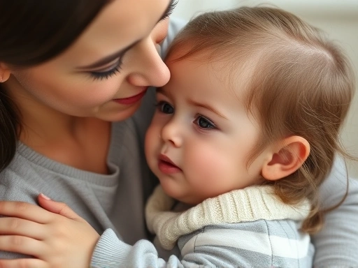 어머니가 차분하게 아이의 감정을 공감하며 부드럽게 안아주는 클로즈업 장면