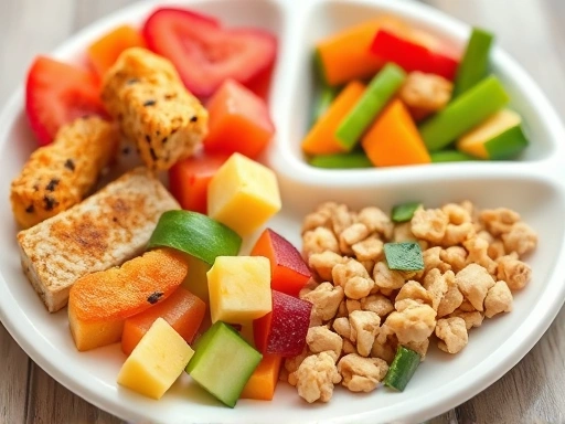 A close-up of a vibrant, small portion of a balanced toddler meal on a divided plate, featuring small pieces of protein, vegetables, fruits, and grains, showcasing healthy food choices for kids' nutri...