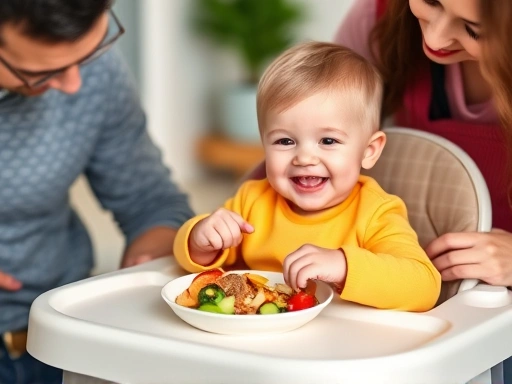 A cheerful toddler happily eating a colorful, balanced meal in a high chair, surrounded by parents, emphasizing a positive and nurturing feeding environment for healthy toddler nutrition.