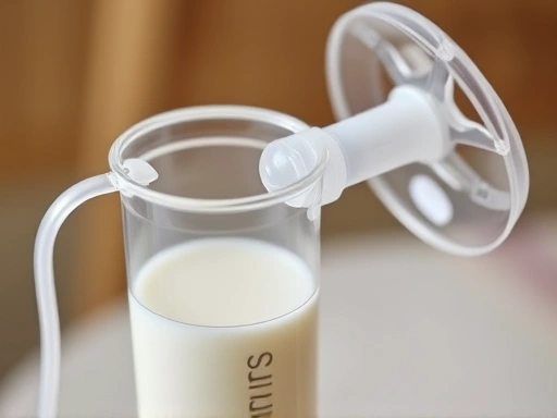 섬세하게 디자인된 모유수유 유축기가 작동하며 투명한 용기에 모유가 모이는 과정을 클로즈업으로 보여주는 웹피 이미지