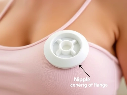 여성 유방과 유축기 깔때기(flange)의 클로즈업 샷, 유두가 깔때기 중앙에 정확히 위치하고 유륜 일부가 부드럽게 감싸진 모습
