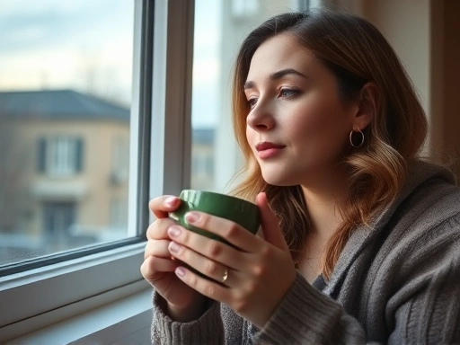 아이가 잠든 후, 창가에서 따뜻한 차를 마시며 사색에 잠겨 평온한 표정을 짓고 있는 젊은 엄마의 클로즈업.
