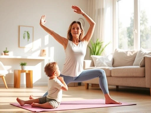 젊은 엄마가 햇살이 비치는 거실에서 가벼운 요가 자세로 스트레칭하며 육아 스트레스를 해소하는 모습