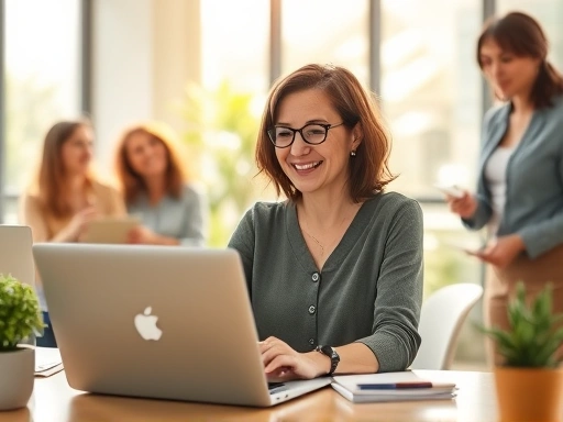 따뜻한 햇살이 비추는 사무실에서 미소를 짓는 30대 후반의 육아맘이 노트북 앞에서 자신감 있게 일하는 모습