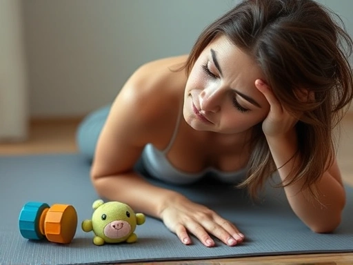 지친 육아맘이 매트 위에서 코어 운동을 하며 심호흡하는 클로즈업 장면