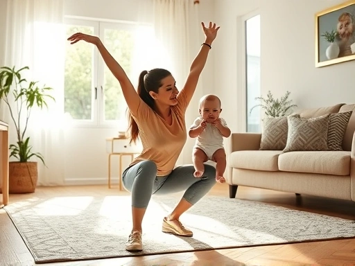 아기와 함께 집에서 운동하는 활기찬 육아맘의 모습