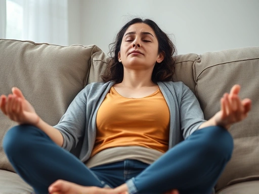 육아에 지친 듯 쇼파에 앉아 짧은 휴식을 취하며 명상하는 육아맘의 클로즈업, 스스로를 돌보는 자기 관리와 건강한 관계 유지를 위한 엄마의 노력을 강조하는 이미지