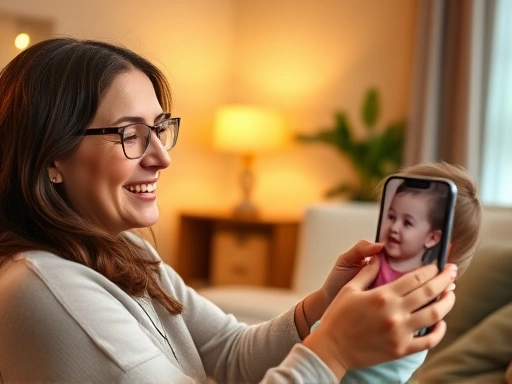 아기와 함께 따뜻한 거실에서 미소를 짓는 육아맘이 휴대폰으로 친구와 영상 통화를 하며 소통하는 모습
