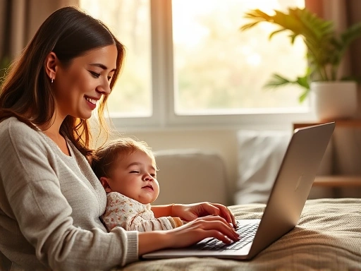 아이가 낮잠을 자는 동안 노트북 앞에서 온라인 강의를 시청하며 집중하고 있는 행복한 육아맘의 모습