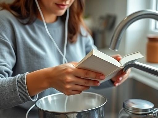 설거지를 하며 이어폰으로 오디오북을 듣고 있는 육아맘의 클로즈업된 손과 귀, 부엌의 일상적인 배경 속에서 꾸준히 자기계발하는 현대 여성의 모습